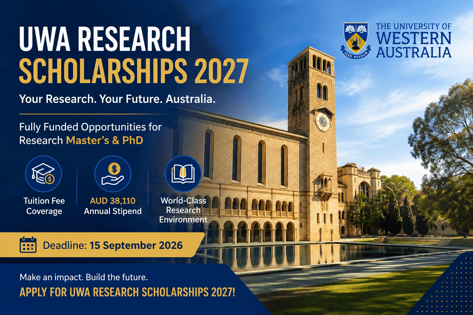 UWA Research Scholarships 2027 for International Students
